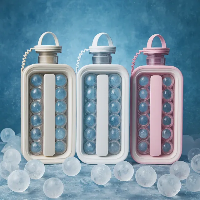 بطری آب یخ‌ساز مدل IceBall Maker با طراحی دسته‌دار و قابلیت تولید یخ کروی شفاف