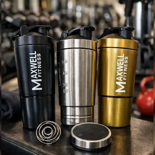شیکر استیل دو مخزنه برند MAXWELL FITNESS — تصویر 1